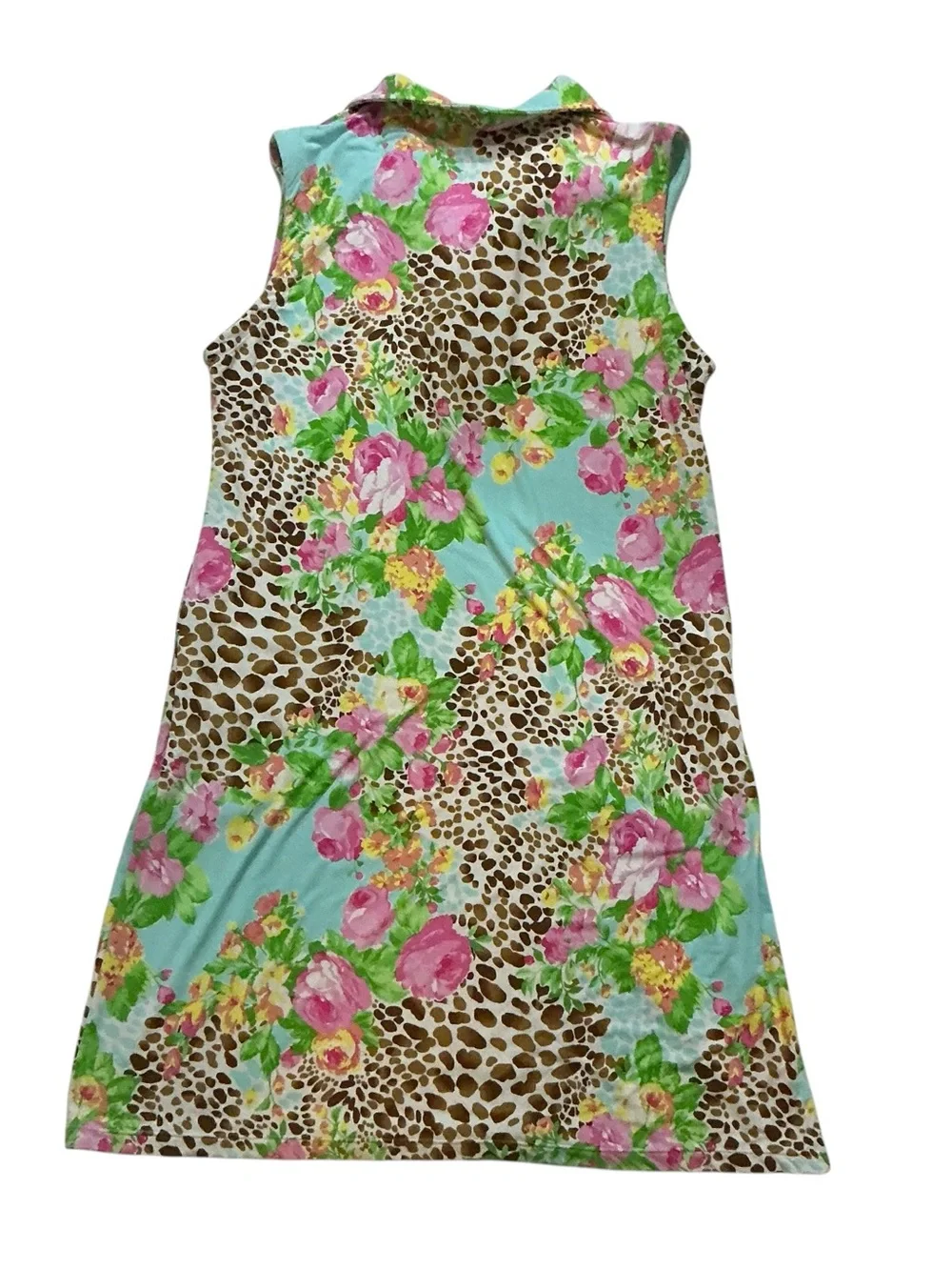 Gottex Aqua Floral & Leopard Print Sleeveless, Collared Athletic Dress sz L - Picture 2 of 6